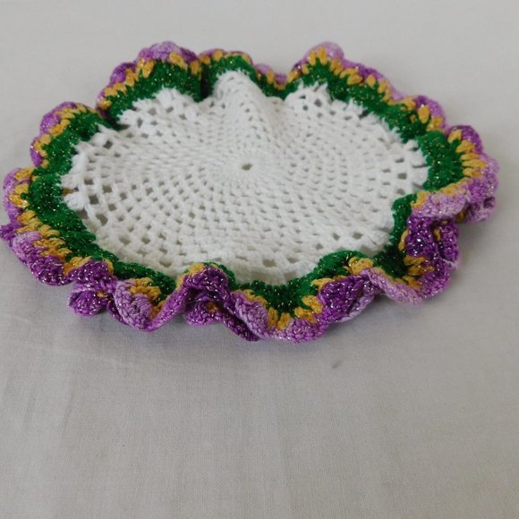 Crocheted Doily Round Purple Gold Green White Ruffled Edges Set of 2 Handmade - Picture 4 of 6